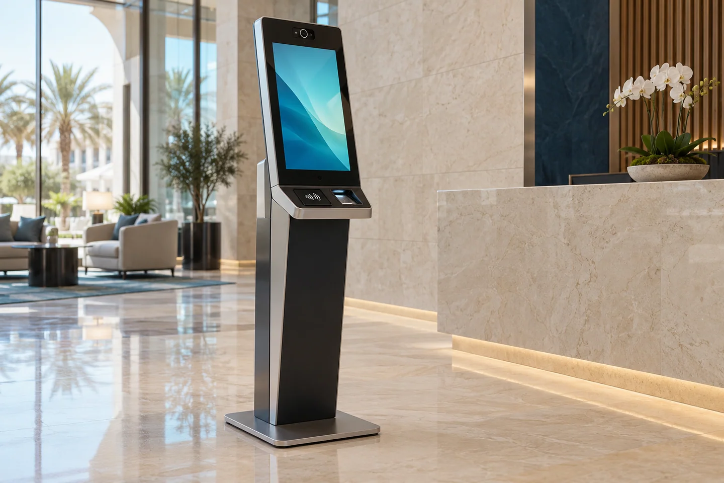 Unbranded self-service visitor kiosk and QR reader with a non-identifying abstract display