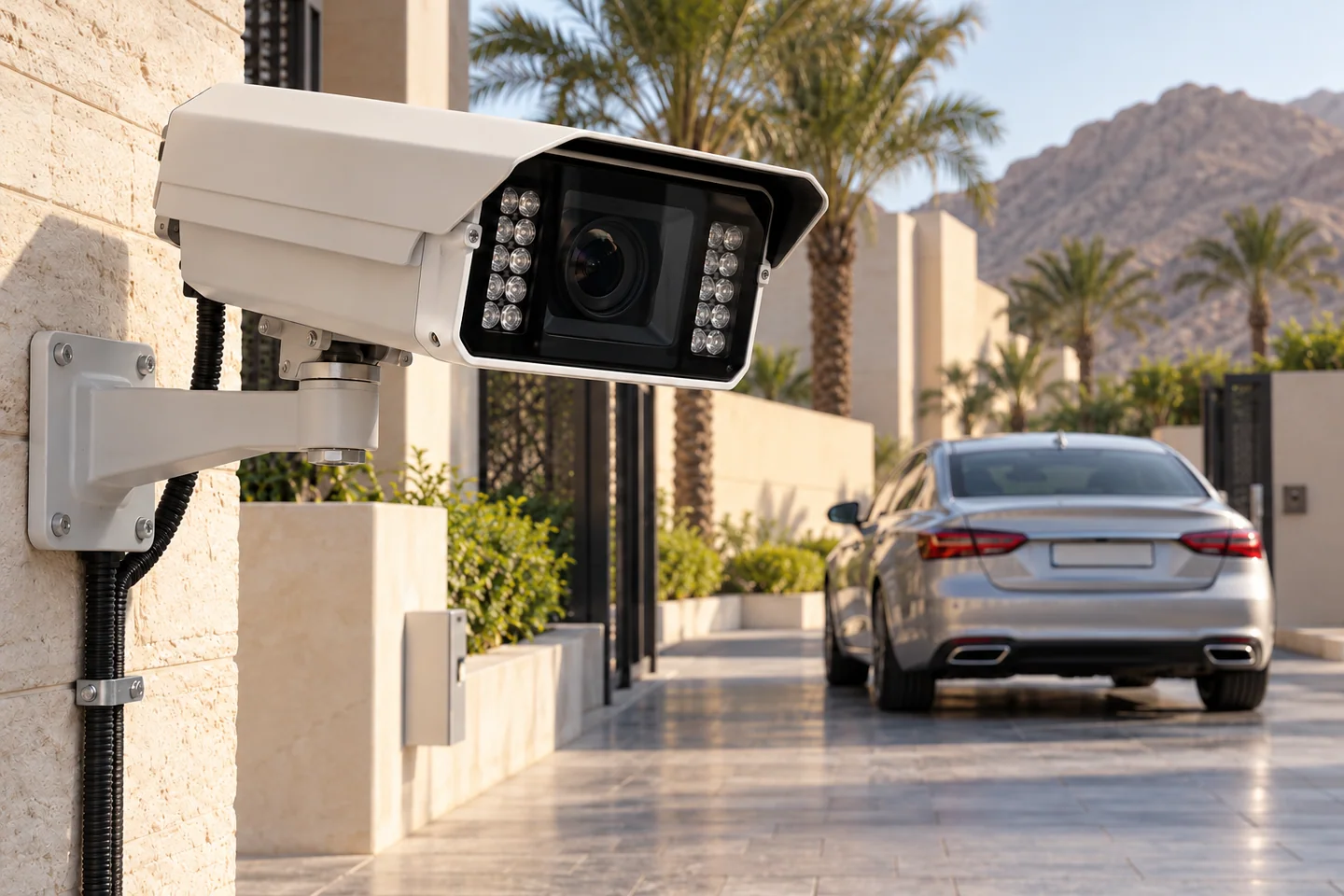 Unbranded license plate capture camera aimed toward an illustrative Oman driveway with unreadable vehicle plate