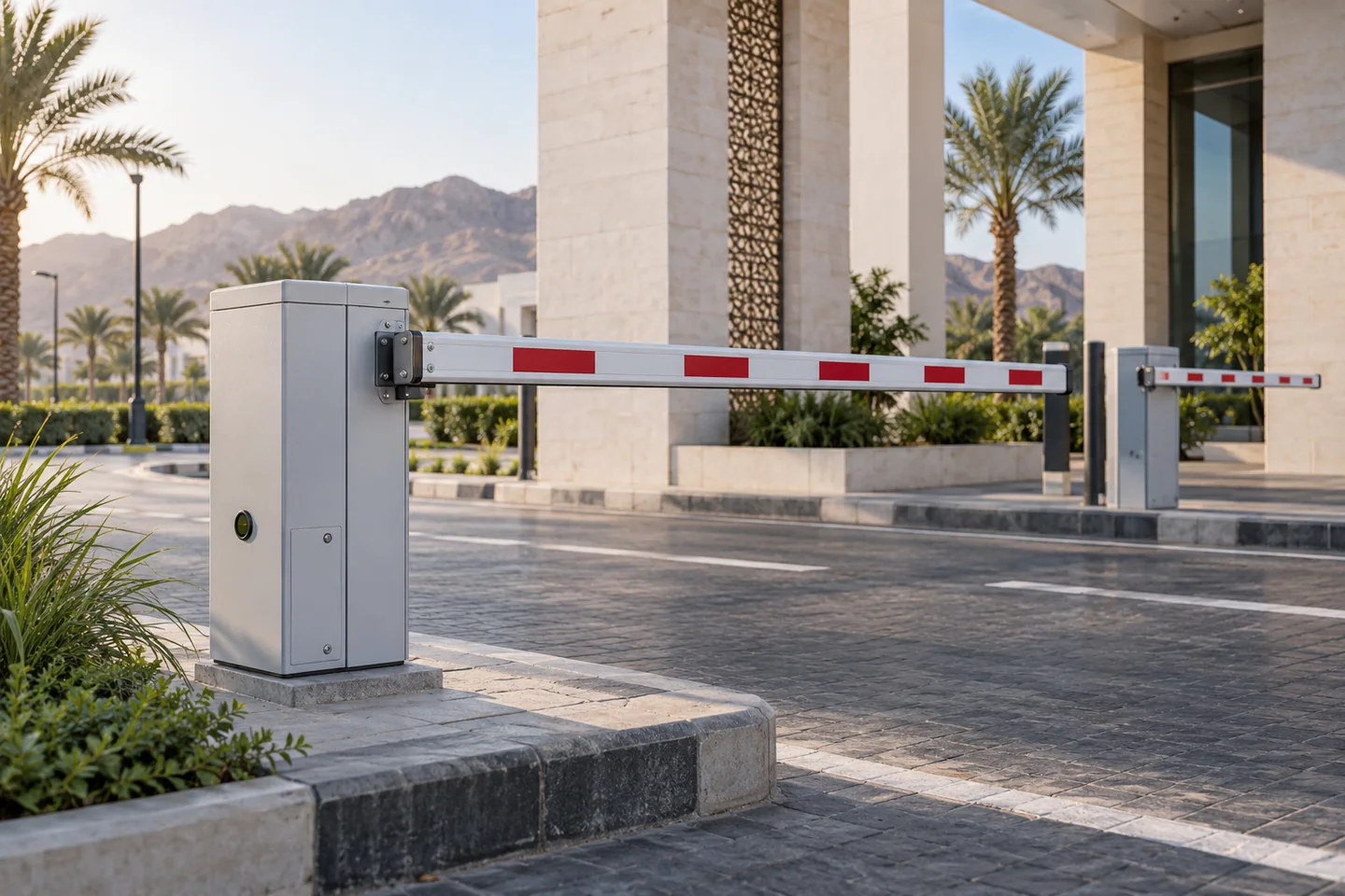 Automatic boom barriers at a modern commercial vehicle entrance