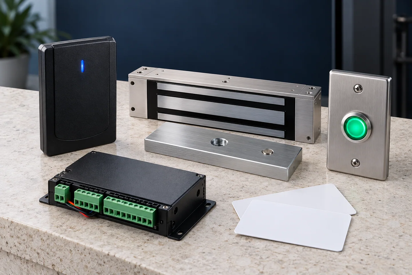 Door reader, electronic lock, controller and exit release components