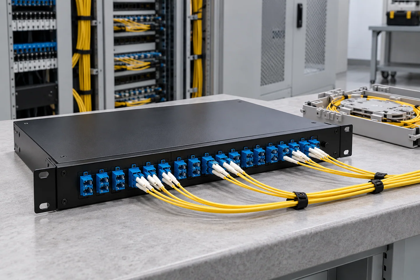 Fiber patch panel with adapters, patch cords and termination accessories