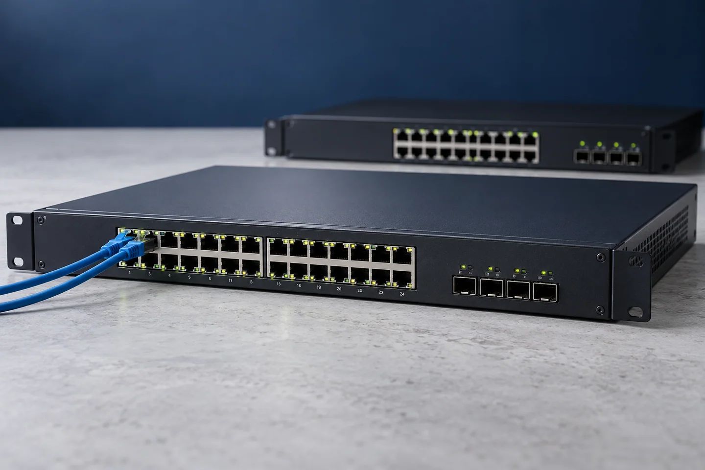 Rack-mounted managed Ethernet switches with blue network cables