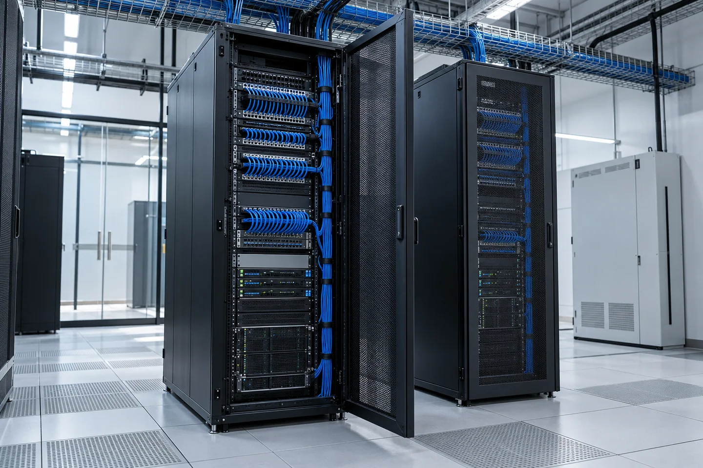 Floor-standing server and network cabinets in a modern equipment room