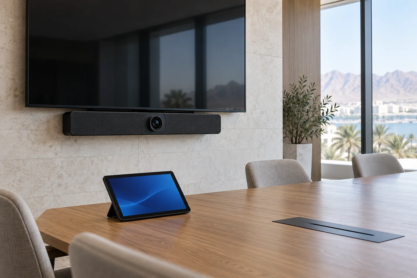 Meeting room with conferencing camera, display and table audio equipment