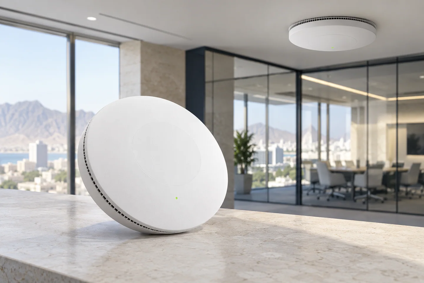 Round wireless access point shown with a contemporary office setting