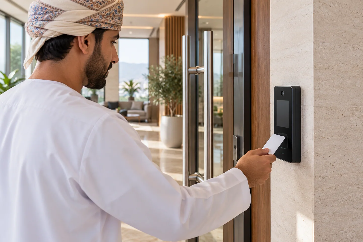 Office access reader being used beside a glass entrance door