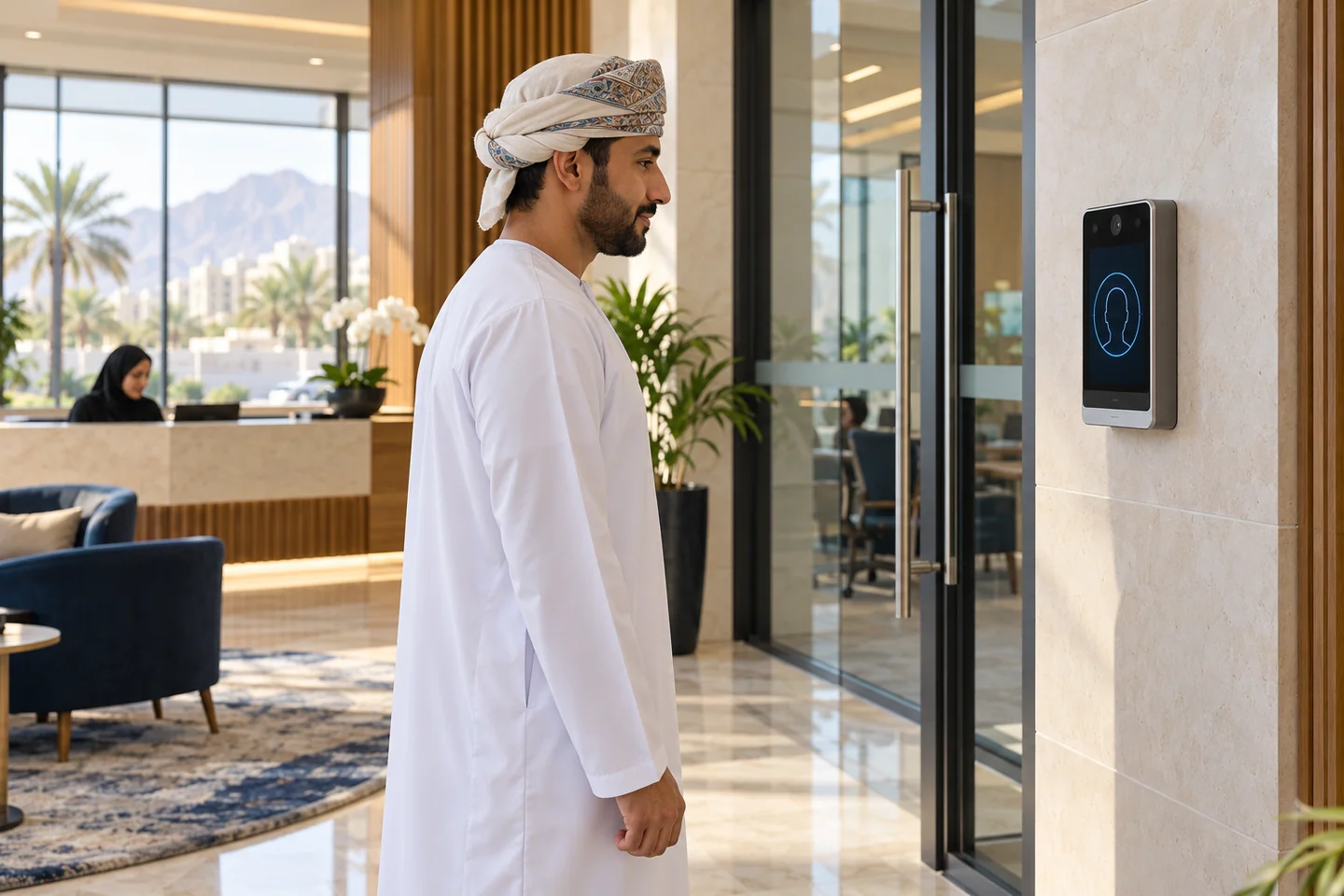 Employee using a face attendance terminal at a contemporary Oman office entrance