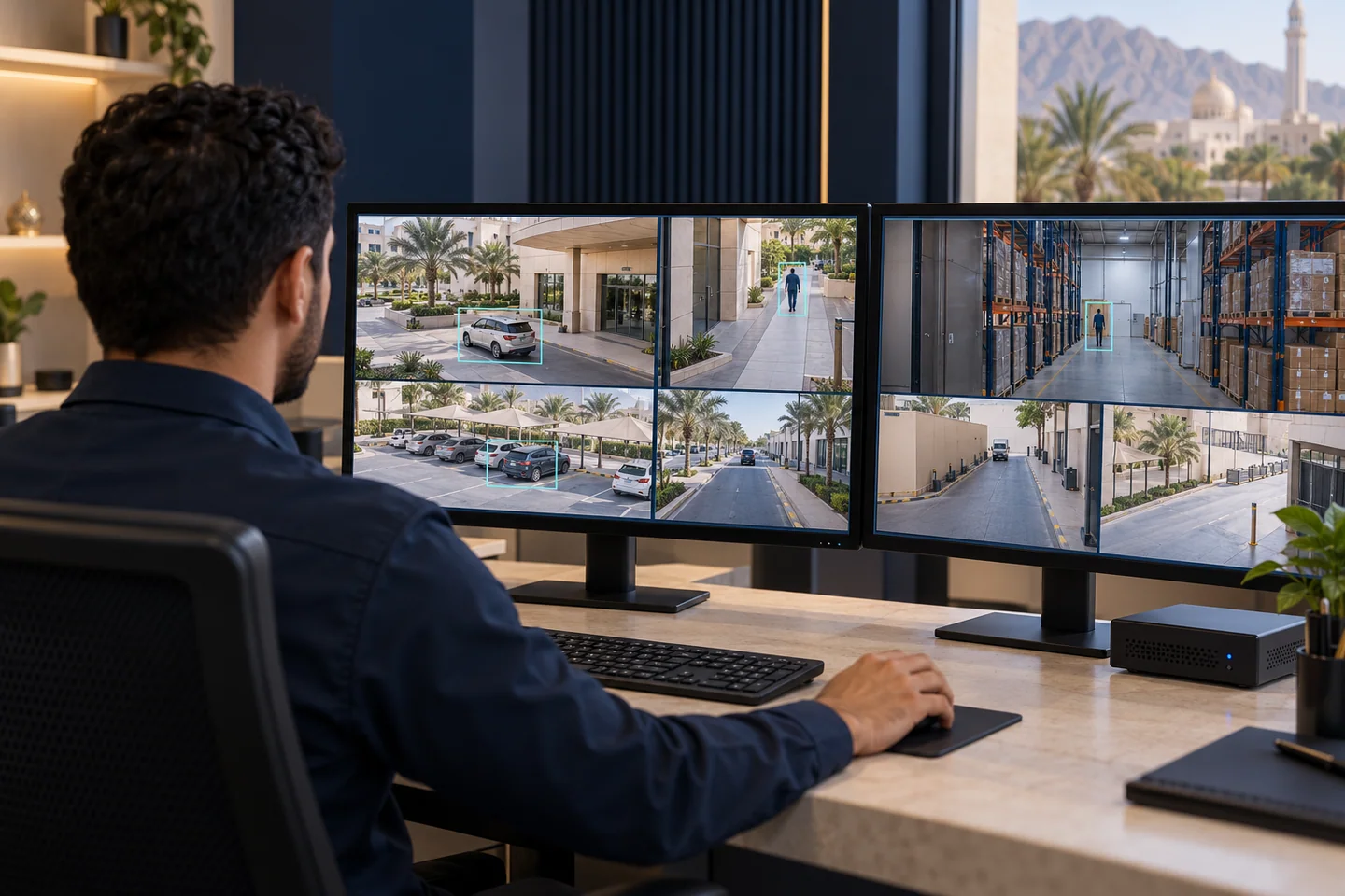Security operator reviewing commercial camera views with illustrative analytics overlays