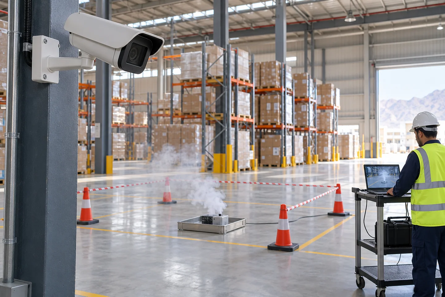 Industrial camera overlooking a controlled warehouse smoke commissioning demonstration
