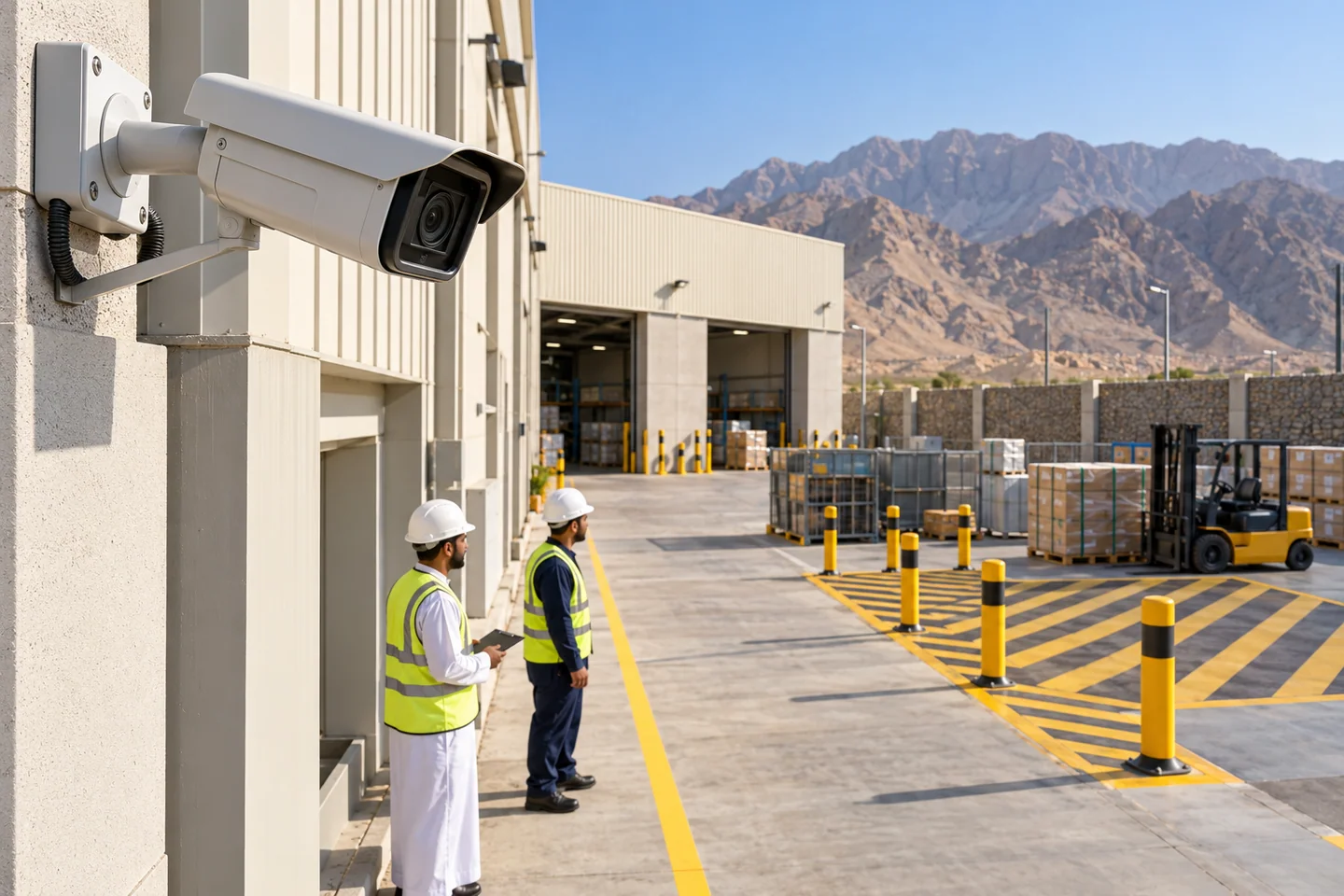 Warehouse perimeter cameras monitoring an area with workers in hard hats and high-visibility clothing