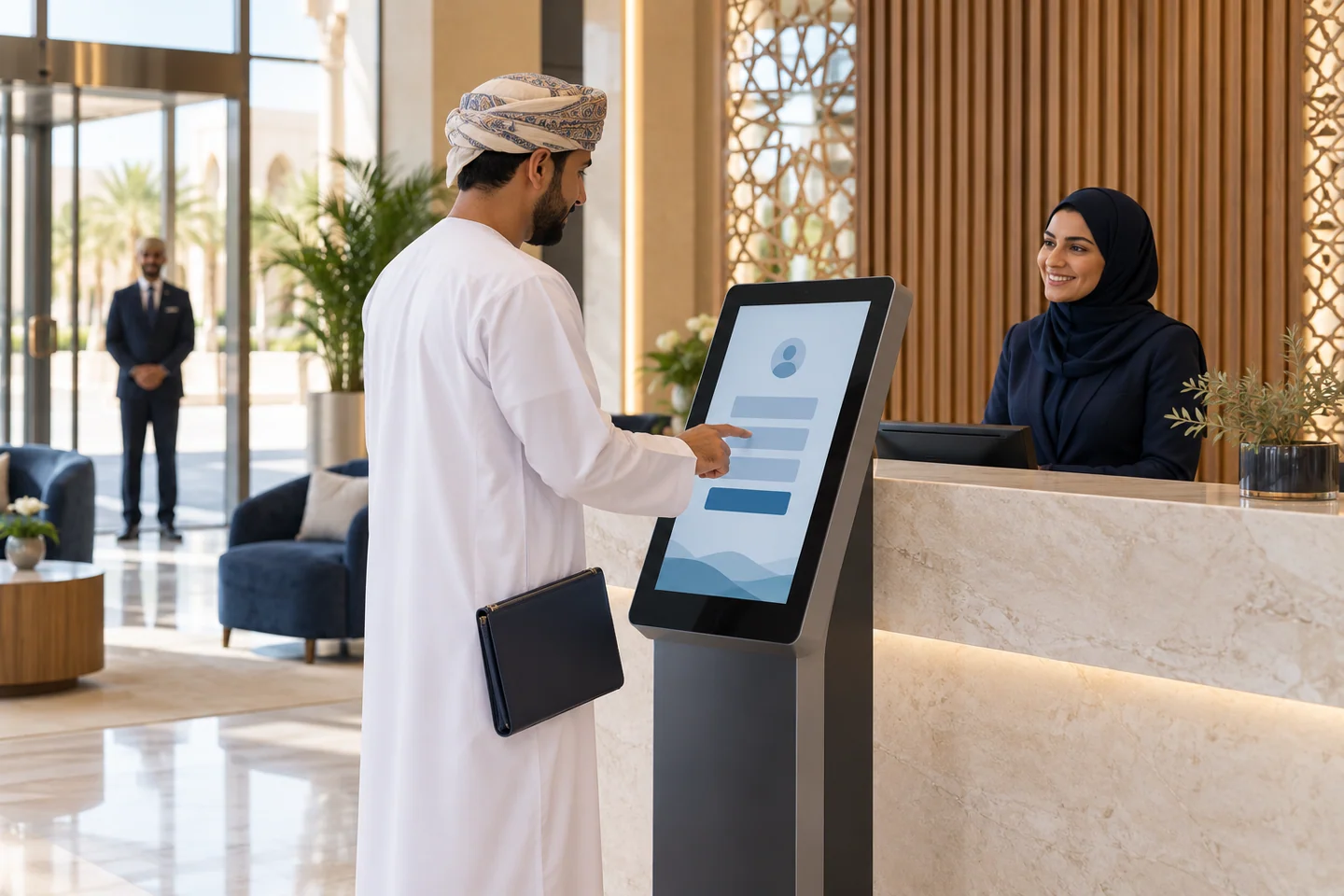 Visitor and receptionist using a self-service check-in kiosk in an Oman office reception
