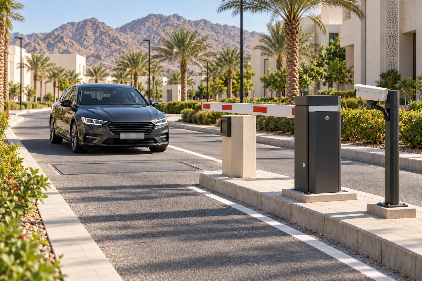 Oman parking entrance with a plate capture camera, approaching car and automatic barrier