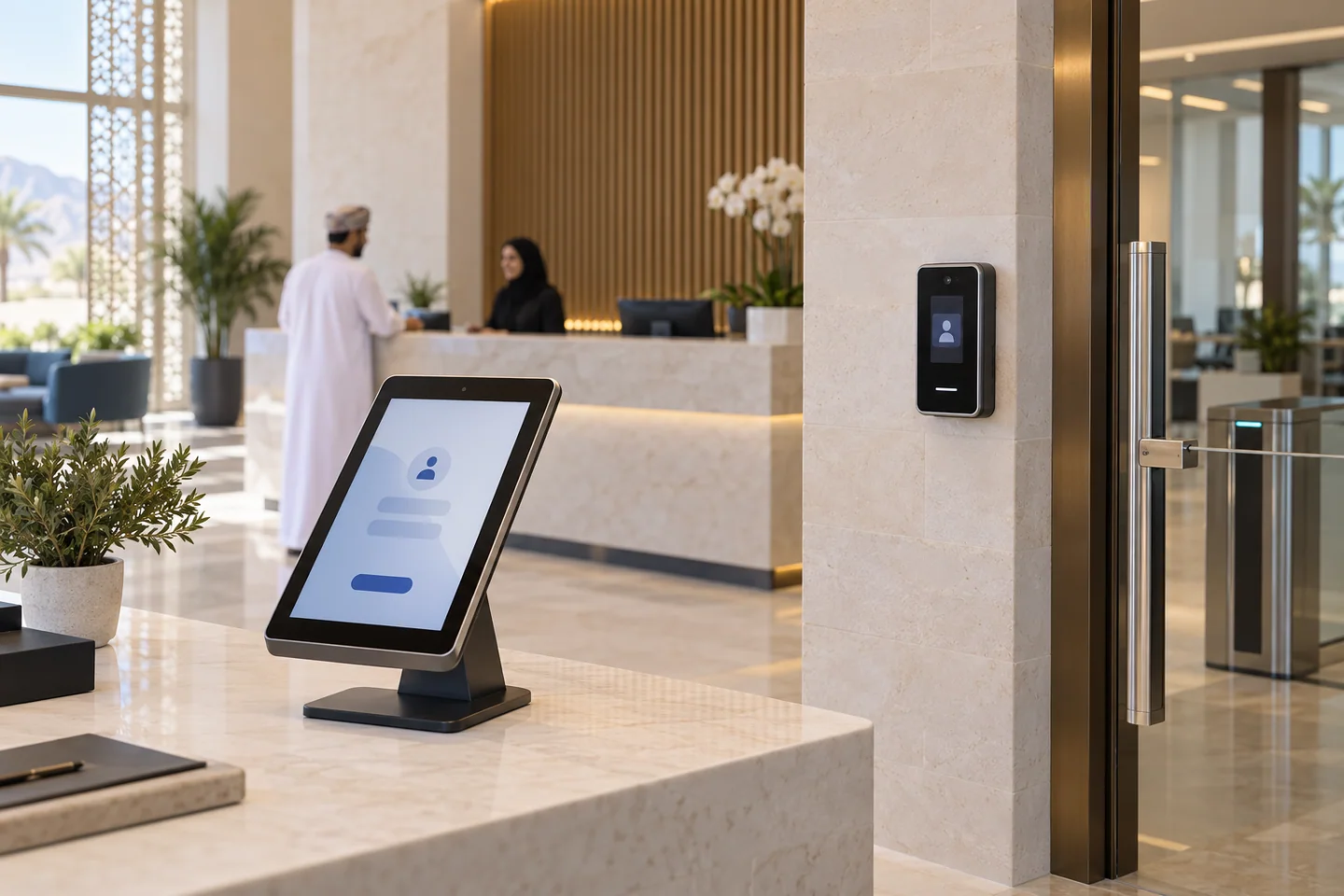 Visitor check-in tablet and access equipment at an office reception