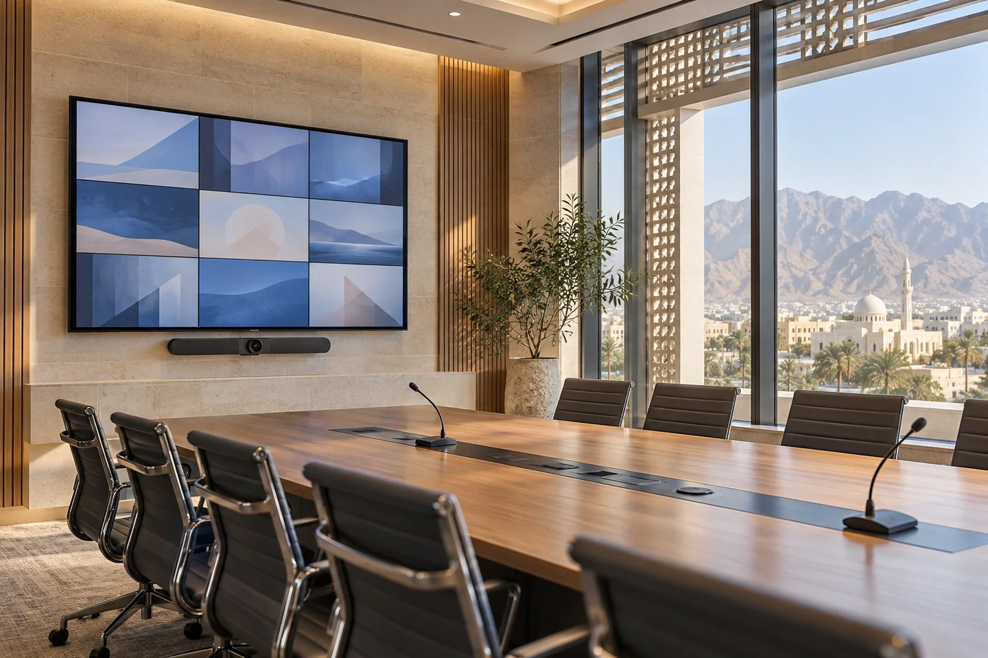 Modern meeting room with video conferencing and audio equipment