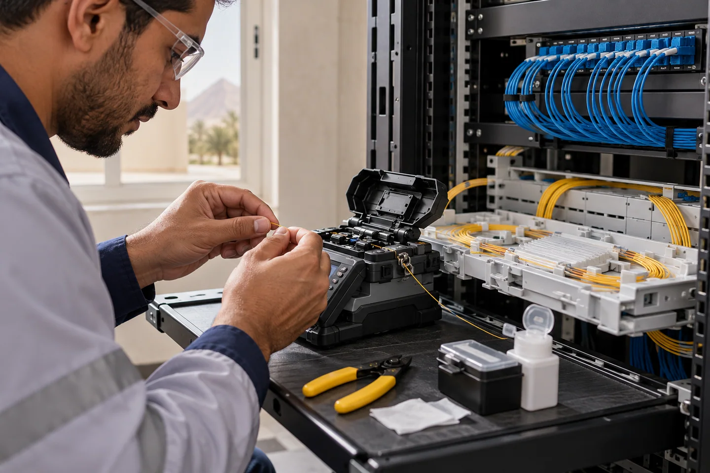 Technician splicing fiber cables beside an open network cabinet