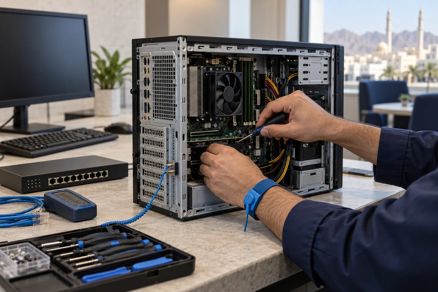 Technician servicing business computer and networking equipment