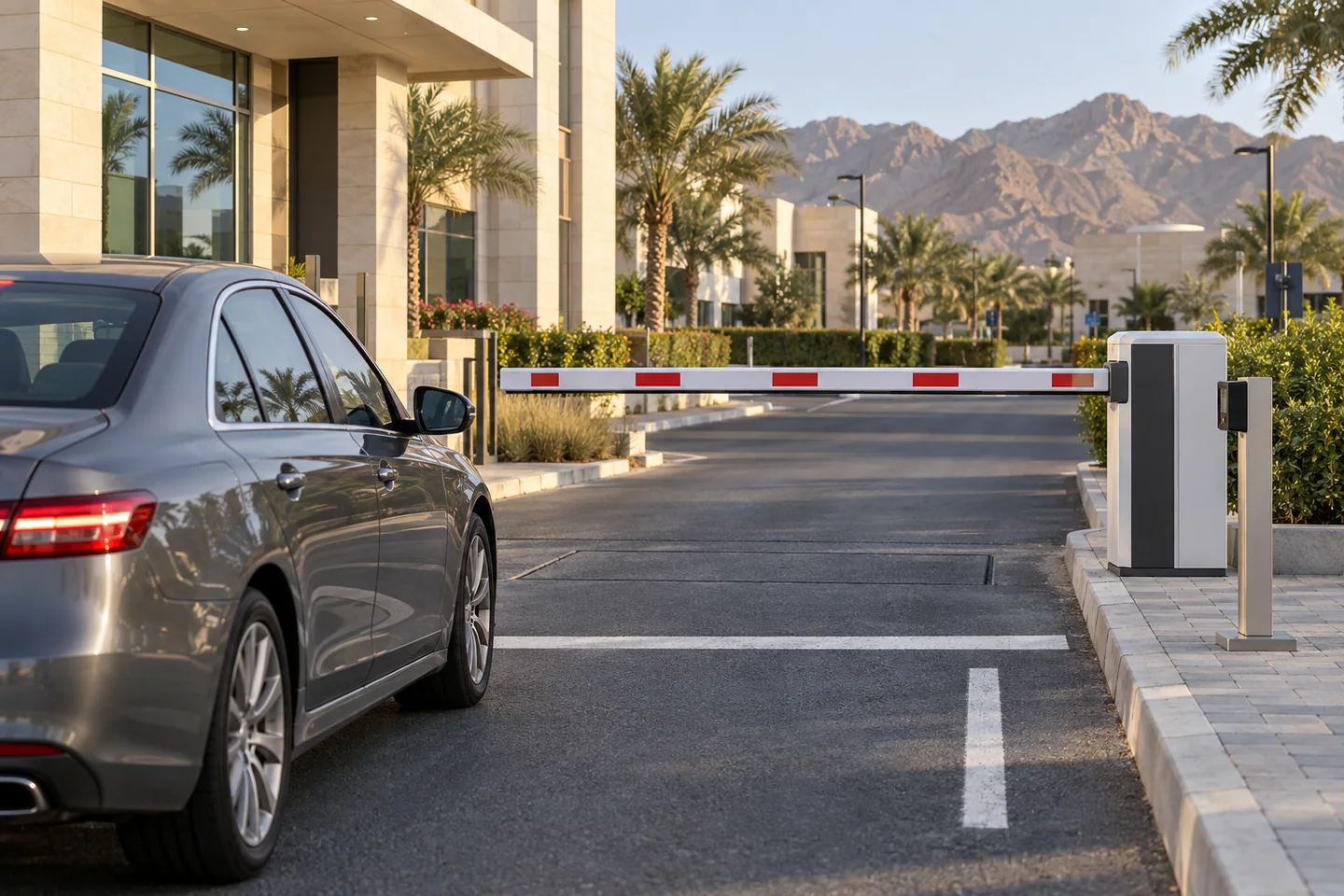 Vehicle approaching an automatic parking boom at a commercial entrance