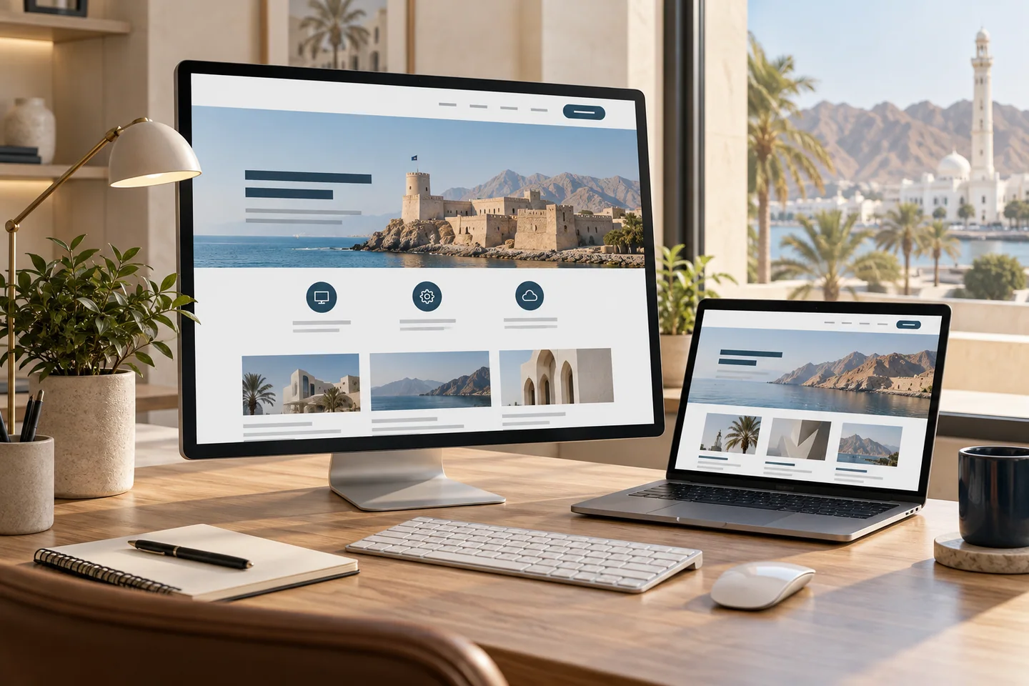 Desktop and laptop displaying an illustrative responsive business website