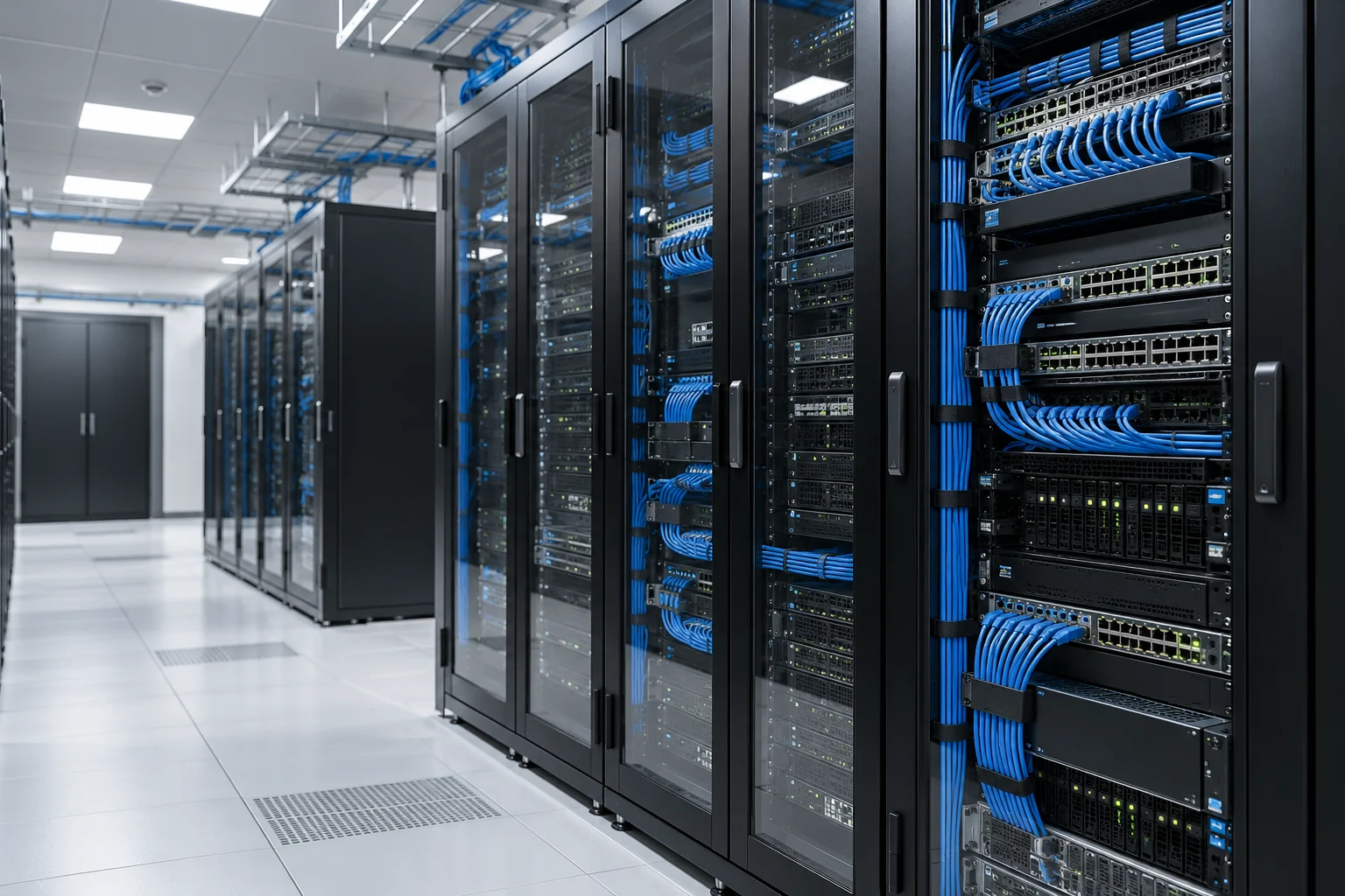 Organized server racks with switches and blue network cabling