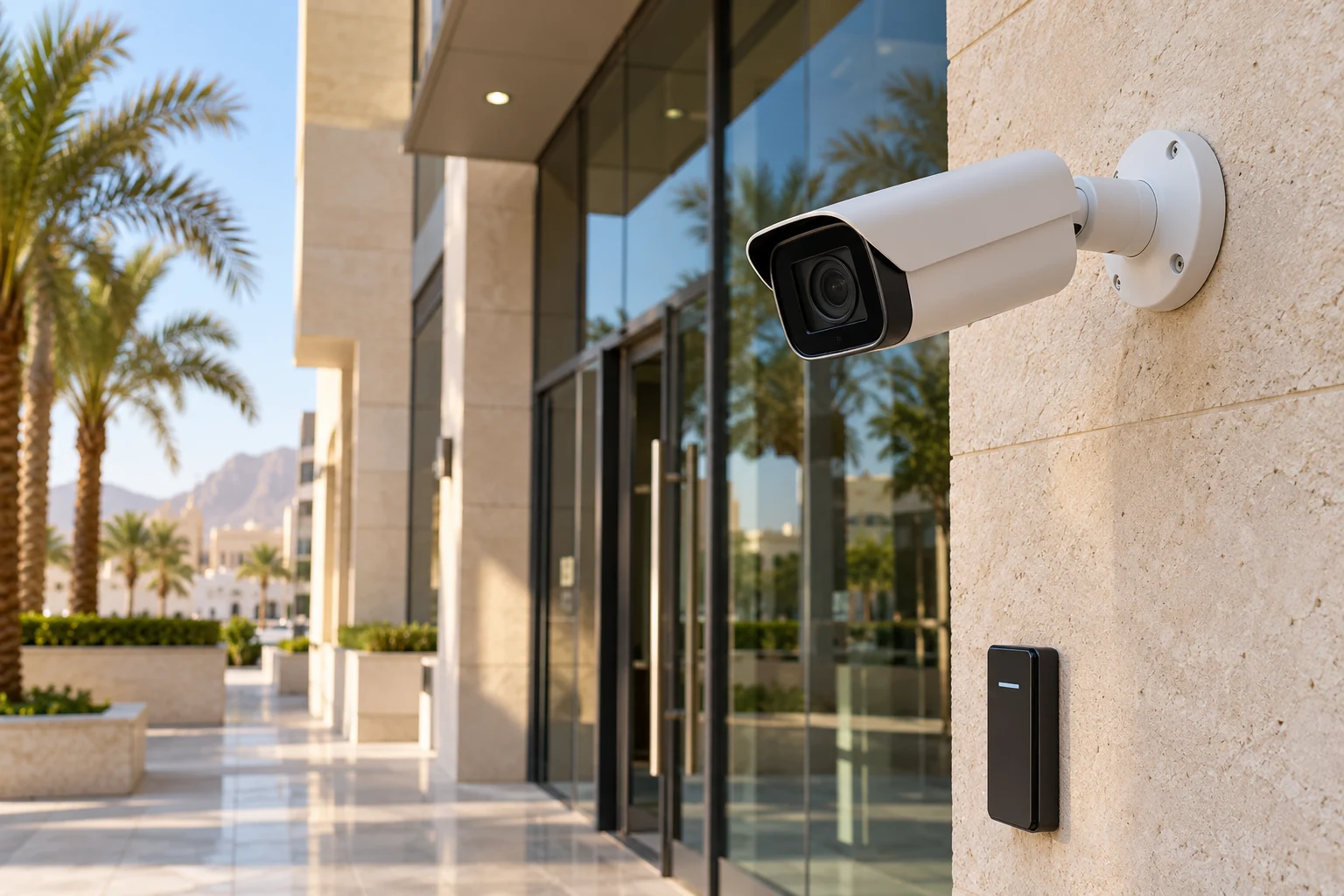 Outdoor IP security camera overlooking a modern commercial entrance